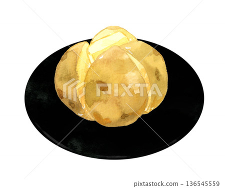 黑色盤子上放著馬鈴薯泥。手繪水彩插圖，描繪了食物和烹飪場景。 136545559