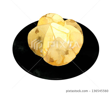 黑色盤子上放著馬鈴薯泥。手繪水彩插圖，描繪了食物和烹飪場景。 136545560