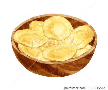 Potato chips served in a wooden bowl. Hand-drawn watercolor illustration of food and cuisine. 136545564