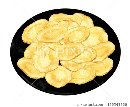 盛放在黑色盤子上的薯片。手繪水彩食物插圖。 136545566