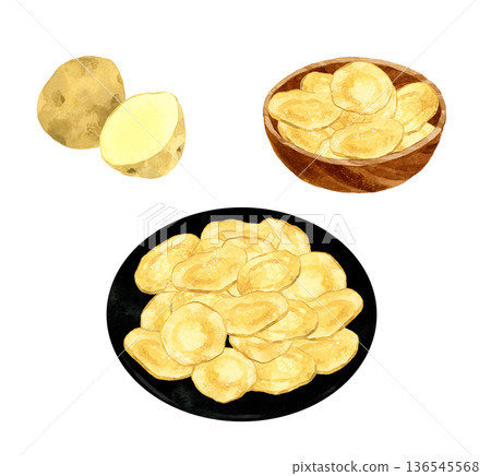Potato chips and potatoes set. Hand-drawn watercolor illustration of food and cooking. Potato chips and potatoes set. Hand-drawn watercolor illustration of food and cooking. 136545568