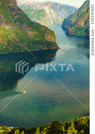 Fjord landscape Aurlandsfjord in Norway 136545883