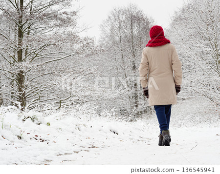 Woman walk in winter snow forest. 136545941