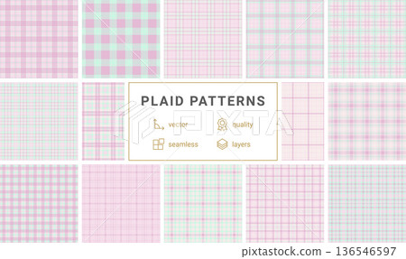 Elegant pastel pink and white plaid pattern with subtle mint green accents. This seamless tartan design is perfect for feminine apparel, spring textiles, and delicate digital backgrounds. 136546597