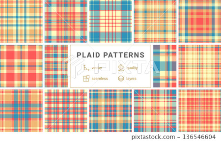 Seamless tartan texture with a classic check design in blue, orange, and red. Perfect for autumn fashion, rustic decor, and versatile fabric prints. A timeless and cozy geometric style. Seamless tartan texture with a classic check design in blue, orange, and red. Perfect for autumn fashion, rustic decor, and versatile fabric prints. A timeless and cozy geometric style. 136546604