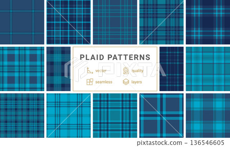 Elegant seamless blue tartan plaid pattern with turquoise checks. Perfect for fashion, home decor, or digital backgrounds. A clean, classic aesthetic for professional design projects. 136546605