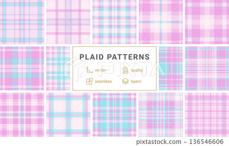 Soft pink and light blue seamless plaid pattern with a twill texture. This charming pastel design is perfect for nursery decor, spring apparel, greeting cards, and creative web backgrounds. Soft pink and light blue seamless plaid pattern with a twill texture. This charming pastel design is perfect for nursery decor, spring apparel, greeting cards, and creative web backgrounds. 136546606