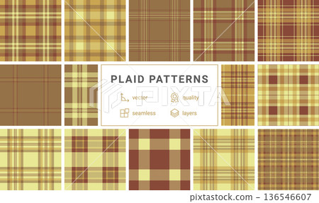 This classic brown and tan plaid pattern offers a timeless, cozy aesthetic. A seamless tartan texture perfect for autumnthemed designs, fashion apparel, and rustic home decor projects. This classic brown and tan plaid pattern offers a timeless, cozy aesthetic. A seamless tartan texture perfect for autumnthemed designs, fashion apparel, and rustic home decor projects. 136546607