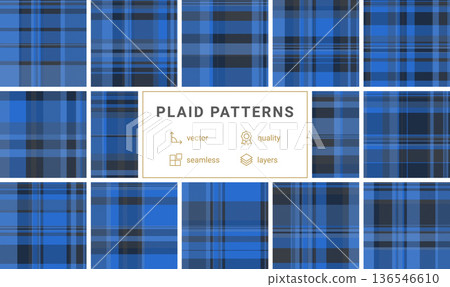 Sophisticated blue tartan plaid pattern featuring interlocking stripes. This timeless textile design is perfect for website backgrounds, fashion apparel, and professional branding. 136546610