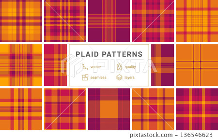 Vibrant orange and magenta tartan plaid seamless pattern. This energetic geometric textile design features a modern twist on a classic style, perfect for backgrounds, fashion, and branding. Vibrant orange and magenta tartan plaid seamless pattern. This energetic geometric textile design features a modern twist on a classic style, perfect for backgrounds, fashion, and branding. 136546623