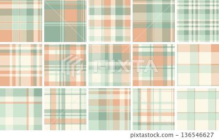Stylish pastel tartan pattern with mint green and soft peach tones. A versatile geometric background perfect for spring fashion, textile prints, and cozy home decor projects. Stylish pastel tartan pattern with mint green and soft peach tones. A versatile geometric background perfect for spring fashion, textile prints, and cozy home decor projects. 136546627