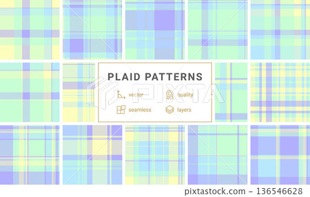 This soft pastel plaid pattern combines mint, lavender, and yellow hues for a fresh, springtime look. Ideal for seamless backgrounds, textile prints, stationery, and creative digital crafts. 136546628