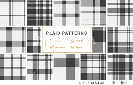 This elegant monochrome plaid pattern features a minimalist design with classic intersecting lines. Ideal for fashion textiles, digital backgrounds, and sophisticated branding projects. This elegant monochrome plaid pattern features a minimalist design with classic intersecting lines. Ideal for fashion textiles, digital backgrounds, and sophisticated branding projects. 136546631