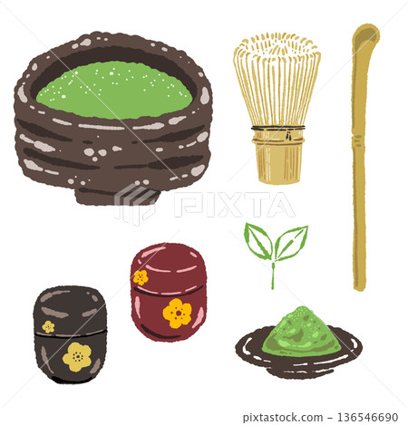 一套茶道用具的插圖，包括茶筅和茶葉罐。 136546690