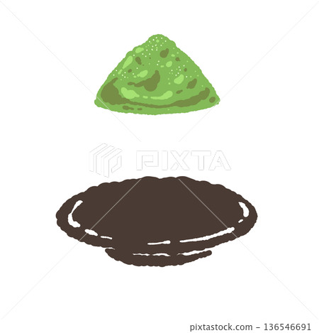 圖中描繪了一堆抹茶粉和一個空茶碗。 圖中描繪了一堆抹茶粉和一個空茶碗。 136546691