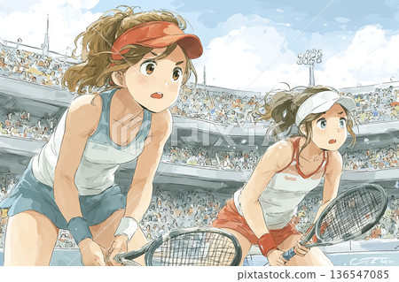 A heated women's doubles tennis match at the stadium 136547085