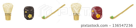 A line of tea ceremony utensils including tea whisks, tea scoops, and tea caddies A line of tea ceremony utensils including tea whisks, tea scoops, and tea caddies 136547236