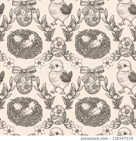 Easter seamless pattern with cute chick and nest line art graphic background. Hand drawn vector grid design in vintage sketch style. Floral print for wallpaper. Perfect for holiday fabric and paper. Easter seamless pattern with cute chick and nest line art graphic background. Hand drawn vector grid design in vintage sketch style. Floral print for wallpaper. Perfect for holiday fabric and paper. 136547319
