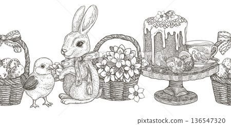 Easter seamless border with cute bunny and chick in vintage sketch style. Hand drawn vector design of flower basket and eggs. Graphic print ideal for card template. Perfect for spring holiday season. 136547320