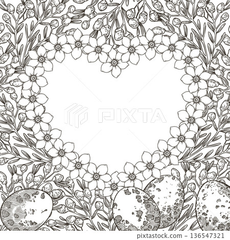 Square background with Easter egg and heart flower wreath in vintage sketch style. Hand drawn line vector design. Floral frame with copy space. Perfect for greeting card and spring holiday template. Square background with Easter egg and heart flower wreath in vintage sketch style. Hand drawn line vector design. Floral frame with copy space. Perfect for greeting card and spring holiday template. 136547321
