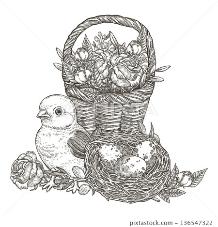 Cute yellow chick with rose flower basket and nest with Easter egg. Hand drawn vector illustration in vintage sketch style. Festive spring outline art for happy holiday design. Greeting card template. 136547322