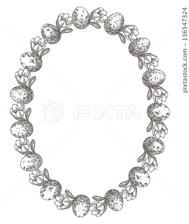 Easter wreath with eggs and jasmine flower in vintage style. Hand drawn vector decorative festive design. Graphic oval frame for outline art greeting card template. Perfect for spring holiday season. Easter wreath with eggs and jasmine flower in vintage style. Hand drawn vector decorative festive design. Graphic oval frame for outline art greeting card template. Perfect for spring holiday season. 136547324