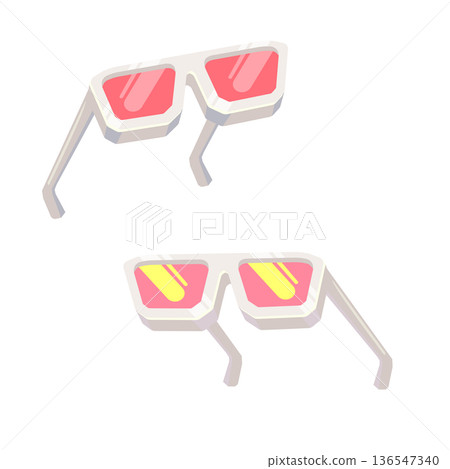 Groovy white retro sunglasses with pink lens isolated on white background. Cartoon funny kids white summer sunglasses icon set, label and sign. Cool hipster Sunglasses vector graphic illustration 136547340