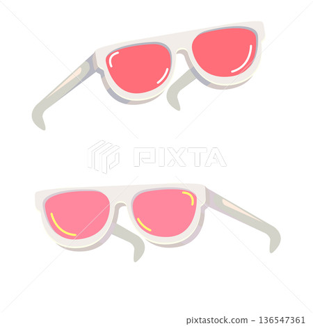 Groovy white retro sunglasses with pink lens isolated on white background. Cartoon funny kids white summer sunglasses icon set, label and sign. Cool hipster Sunglasses vector graphic illustration Groovy white retro sunglasses with pink lens isolated on white background. Cartoon funny kids white summer sunglasses icon set, label and sign. Cool hipster Sunglasses vector graphic illustration 136547361