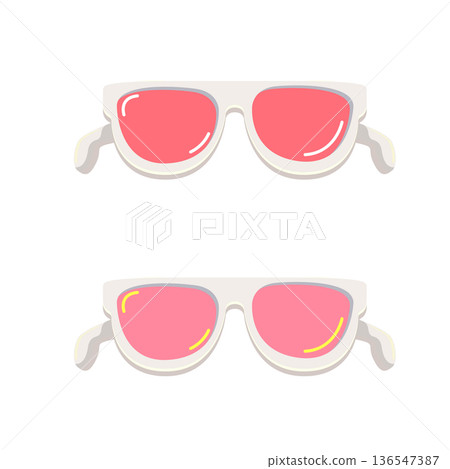 Groovy white retro sunglasses with pink lens isolated on white background. Cartoon funny kids white summer sunglasses icon set, label and sign. Cool hipster Sunglasses vector graphic illustration 136547387