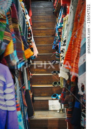 Stairs inside a secondhand clothing store Stairs inside a secondhand clothing store 136547521