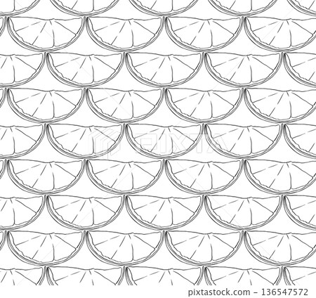 Lemon Orange slices Cafe closeup seamless pattern. hand drawn illustration. Vector graphic line ink black white art. for summer design, wrapping, textile, wallpaper, poster, banner. 136547572