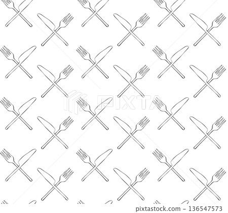 sketch doodle cutlery isolated on white background knife, fork Cafe closeup seamless pattern. hand drawn illustration. Vector graphic line ink black white art. For logo, web, package, sticker. 136547573