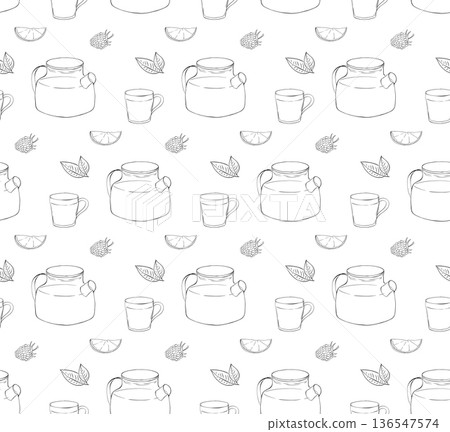 teapots cups orange slice and raspberry Cafe seamless pattern. hand drawn illustration. Vector graphic line ink black white art. For poster, invitation, backdrop, ad, sale promotion, print for t-shirt 136547574