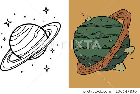 Simplified planet with rings coloring page featuring stars in space for kindergarten artist 136547830