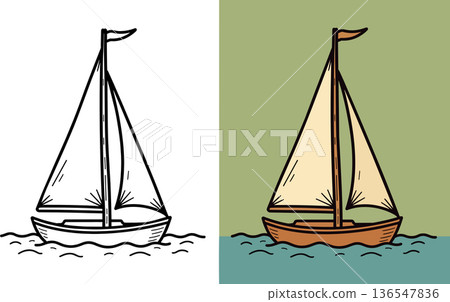 Sailboat coloring page simple yacht ship floating on ocean waves marine travel illustration Sailboat coloring page simple yacht ship floating on ocean waves marine travel illustration 136547836