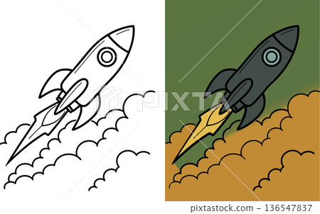 Rocket blasting through clouds with fiery exhaust on white background cartoon drawing 136547837
