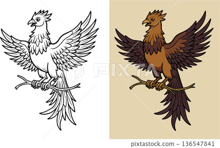Majestic phoenix bird with outstretched wings perched on tree branch 136547841