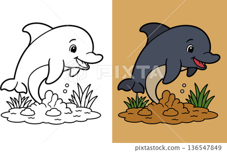 Happy dolphin jumping out of water coloring page with coral and sea grass underwater scene Happy dolphin jumping out of water coloring page with coral and sea grass underwater scene 136547849