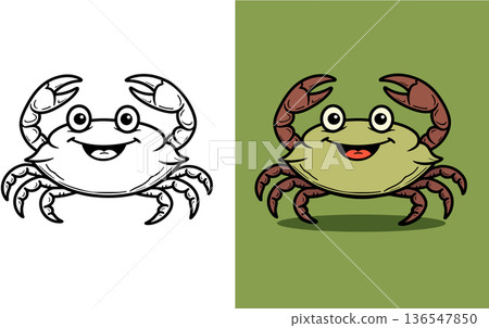 Happy crab coloring page for children featuring sea creature with claws and smiling face Happy crab coloring page for children featuring sea creature with claws and smiling face 136547850