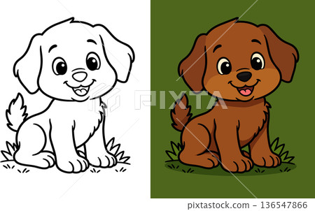 Cute puppy sitting on grass happy playful dog smiling outline drawing for coloring 136547866