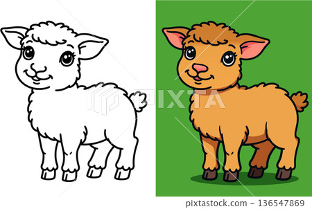 Cute little fluffy lamb cartoon character coloring page vector illustration outline art Cute little fluffy lamb cartoon character coloring page vector illustration outline art 136547869