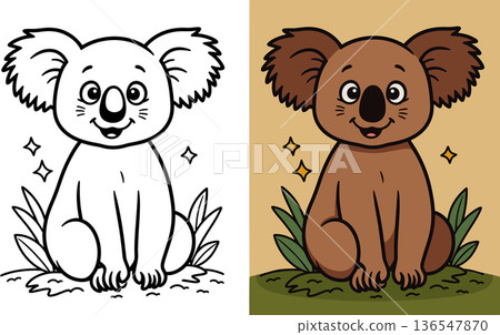 Cute koala sitting on ground with leaves simple line art cartoon drawing for kids coloring book Cute koala sitting on ground with leaves simple line art cartoon drawing for kids coloring book 136547870