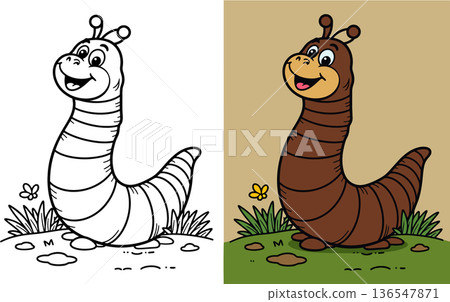 Cute happy cartoon worm with antennae sitting on a grassy patch with a flower Cute happy cartoon worm with antennae sitting on a grassy patch with a flower 136547871