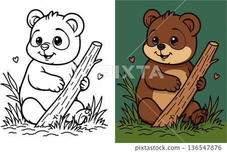 Cute cartoon panda bear holding wooden stick sitting in grass with hearts and bamboo leaves 136547876