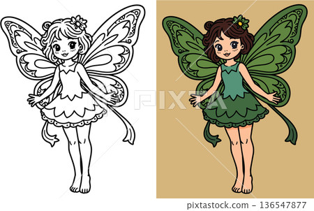 Cute cartoon fairy with detailed wings smiling happily 136547877
