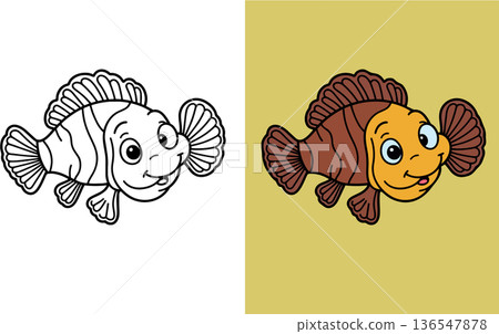 Cute cartoon clownfish swimming with a happy smile on its face underwater 136547878