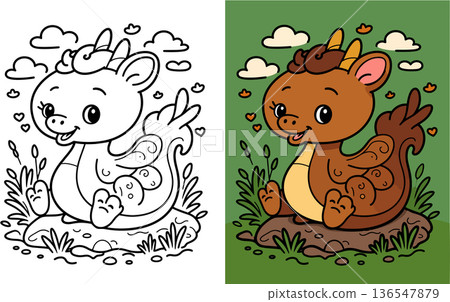 Cute cartoon baby dragon with wings and hearts in grassy field line art 136547879
