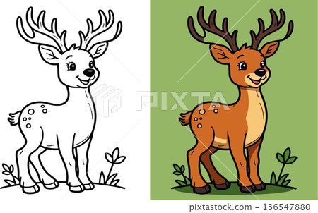 Cute cartoon baby deer standing gracefully on a grassy hill with small flowers Cute cartoon baby deer standing gracefully on a grassy hill with small flowers 136547880