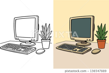 Computer setup with keyboard mouse monitor and potted plant on desk 136547889
