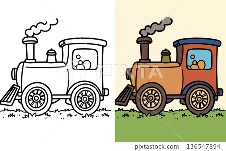 Cartoon steam locomotive train traveling on tracks through grass coloring page for kids 136547894